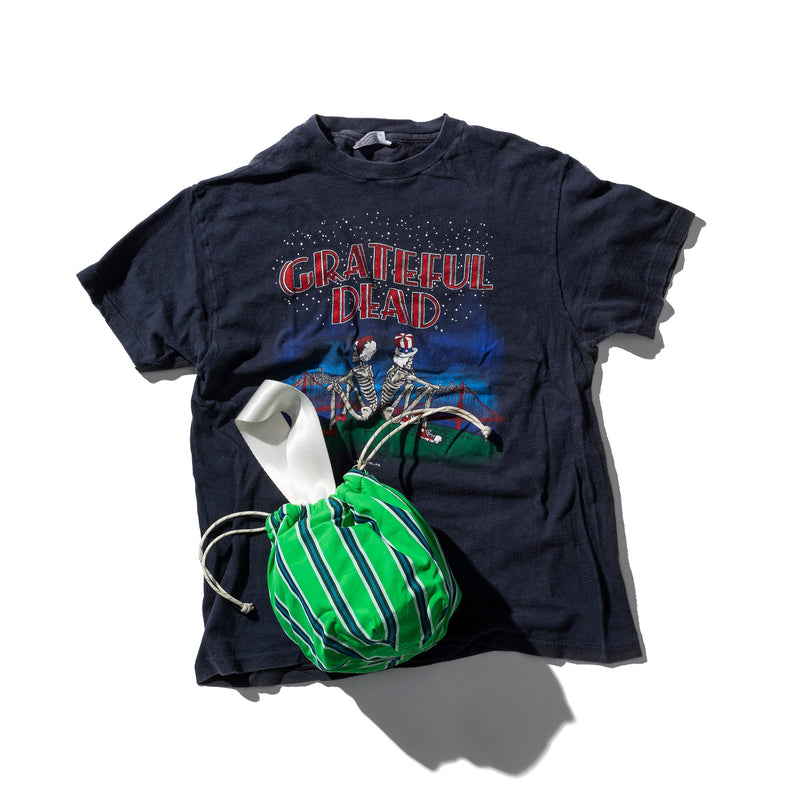 SHIRT FABRIC DRAWSTRING BAG / Green Stripe