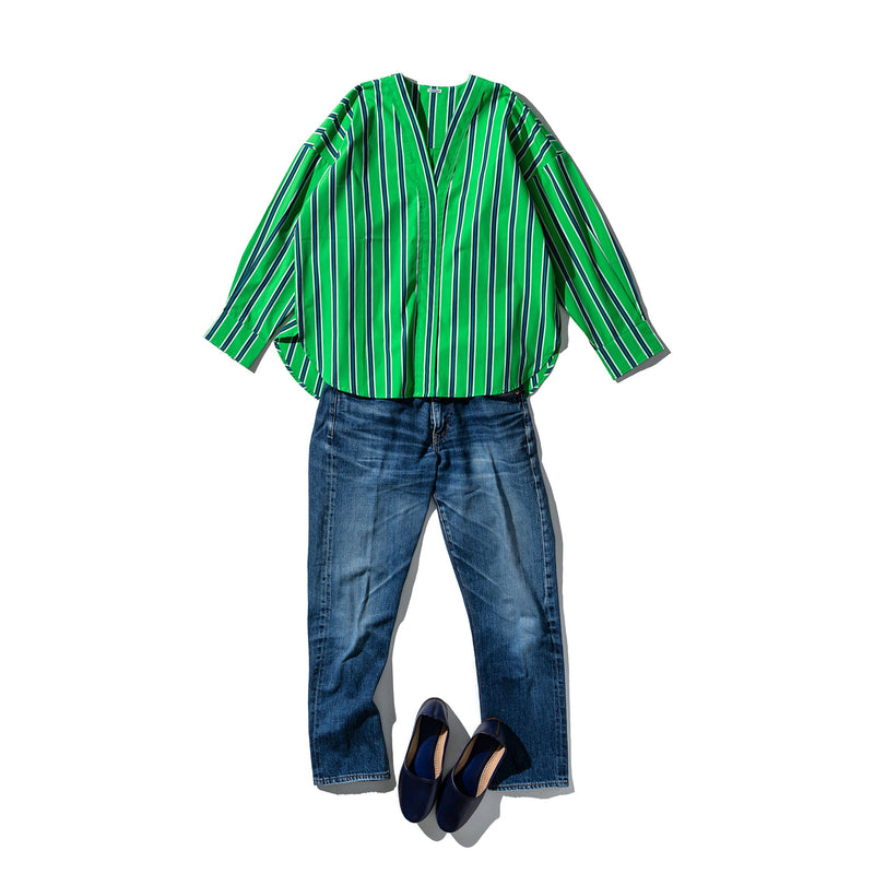 COTTON STRIPE SHIRT / V NECK